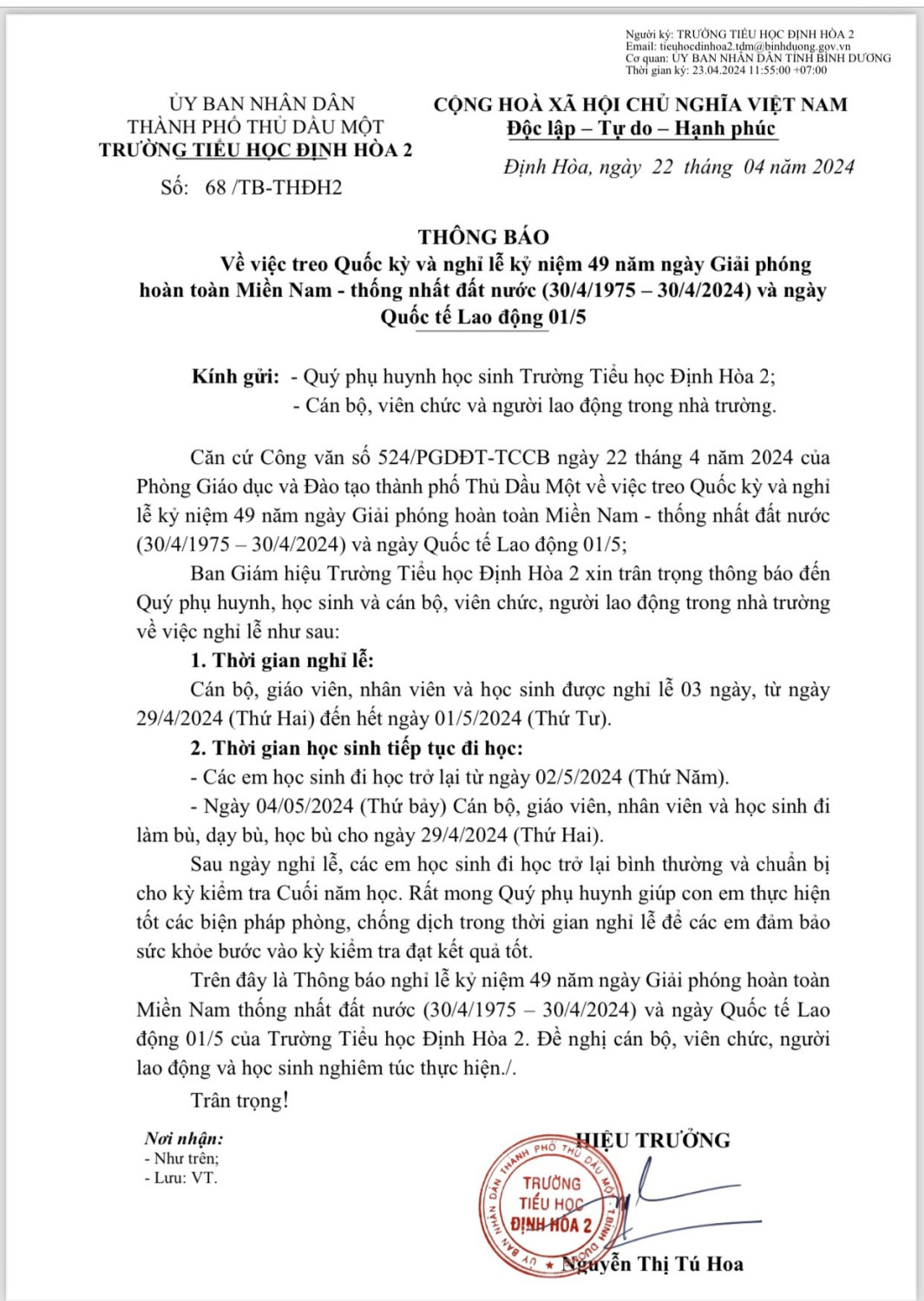 Thông báo nghỉ lễ 30/4 và 1/5