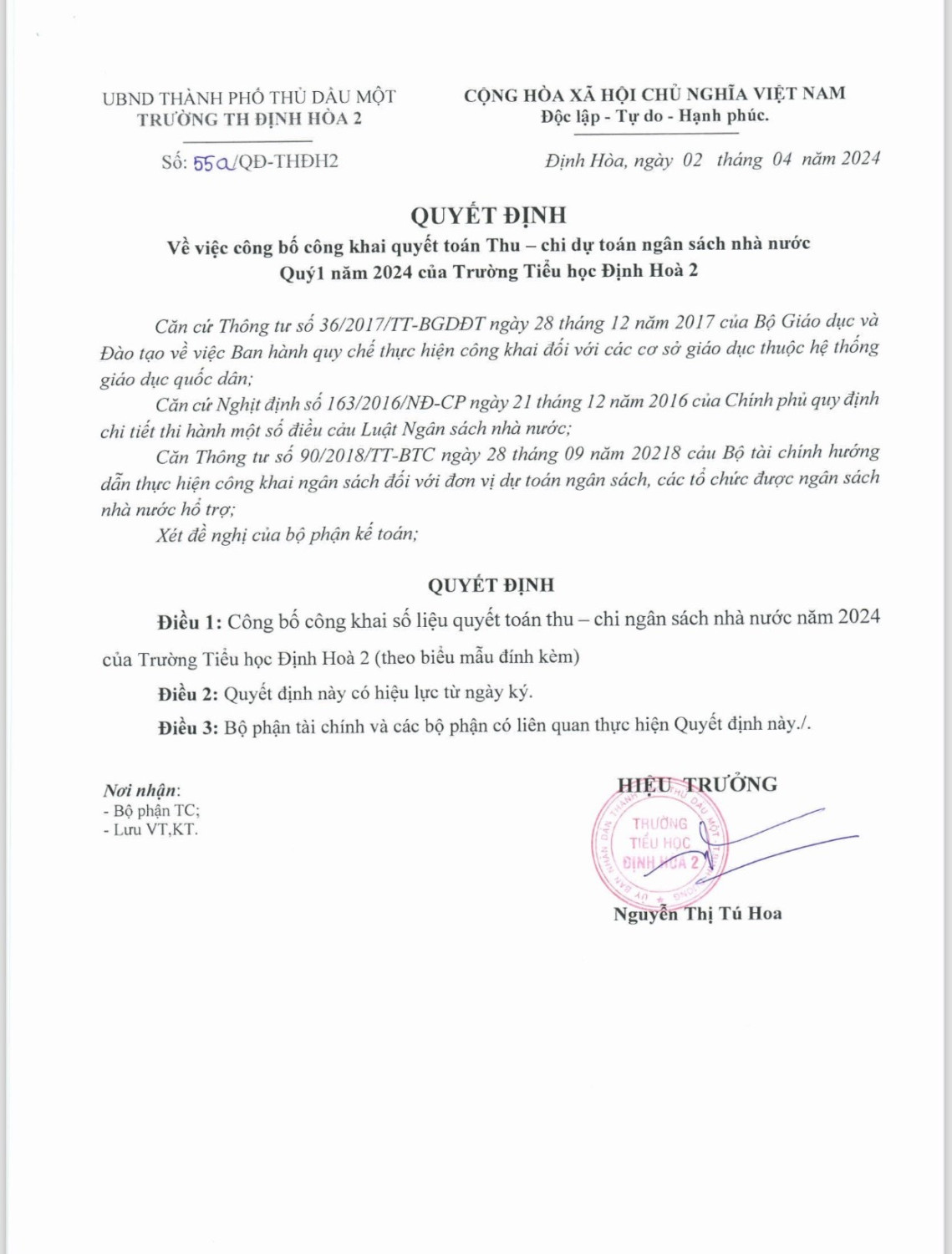 Công khai quyết toán thu chi quí 1/2024