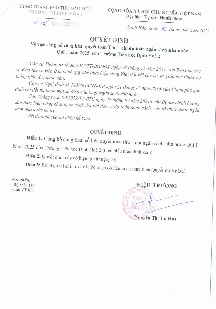 QUYẾT ĐỊNH CÔNG KHAI DỰ TOÁN THU CHI NGÂN SÁCH NHÀ NƯỚC QUÍ 1 2025