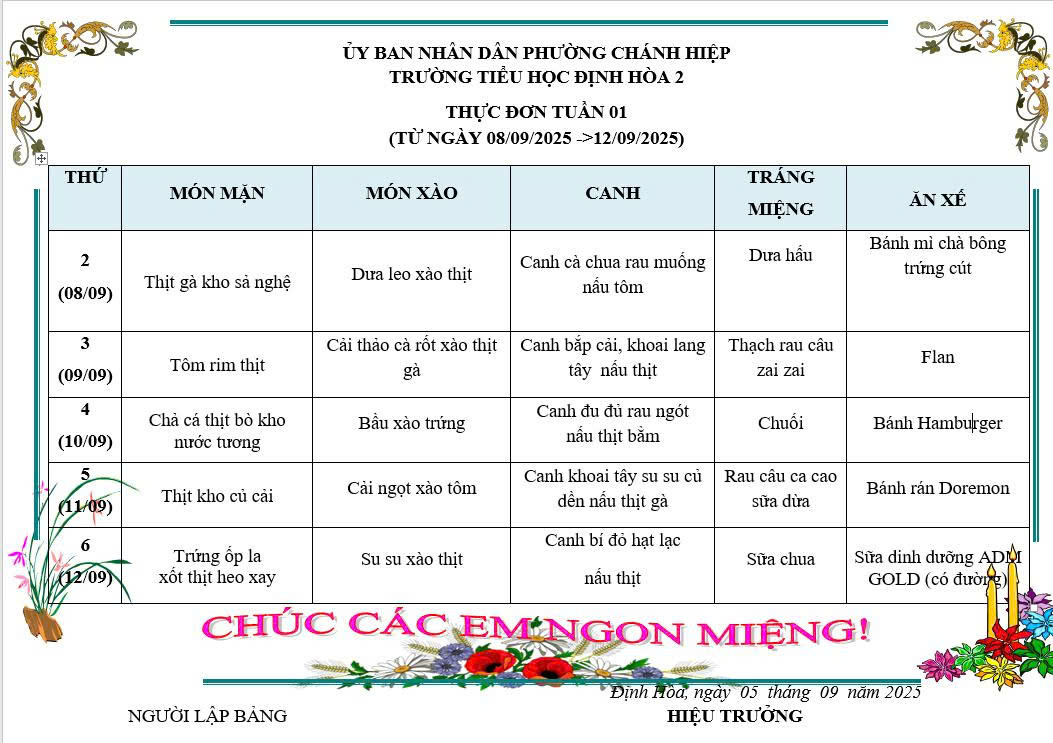 THỰC ĐƠN BÁN TRÚ TUẦN 1-2