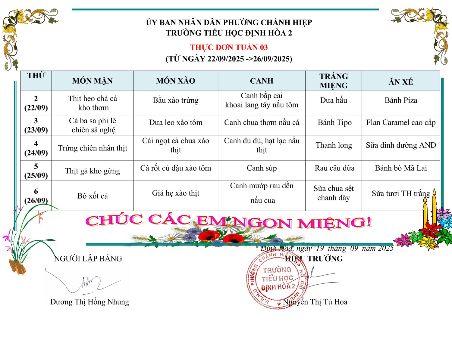 THỰC ĐƠN BÁN TRÚ