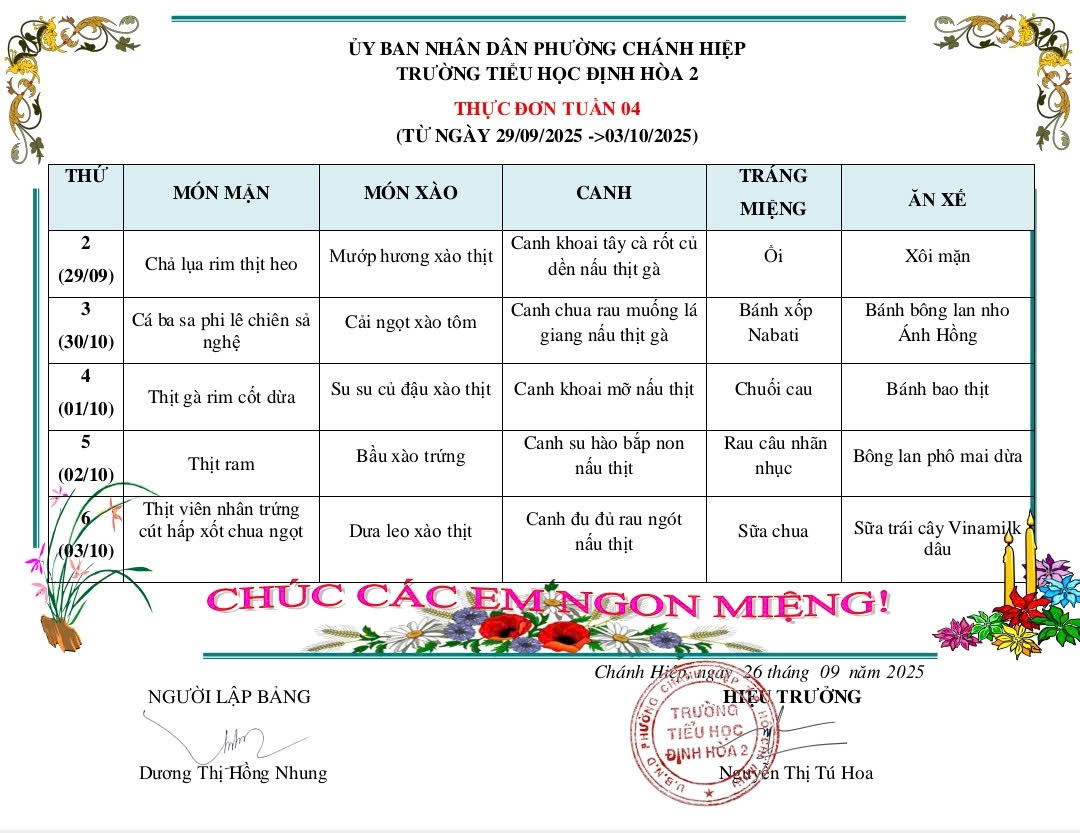 Thực đơn bán trú tuần 4