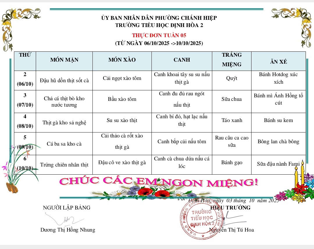 THỰC ĐƠN BÁN TRÚ TUẦN 5