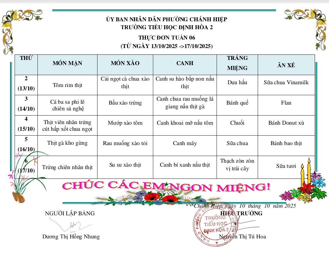 THỰC ĐƠN BÁN TRÚ TUẦN 6