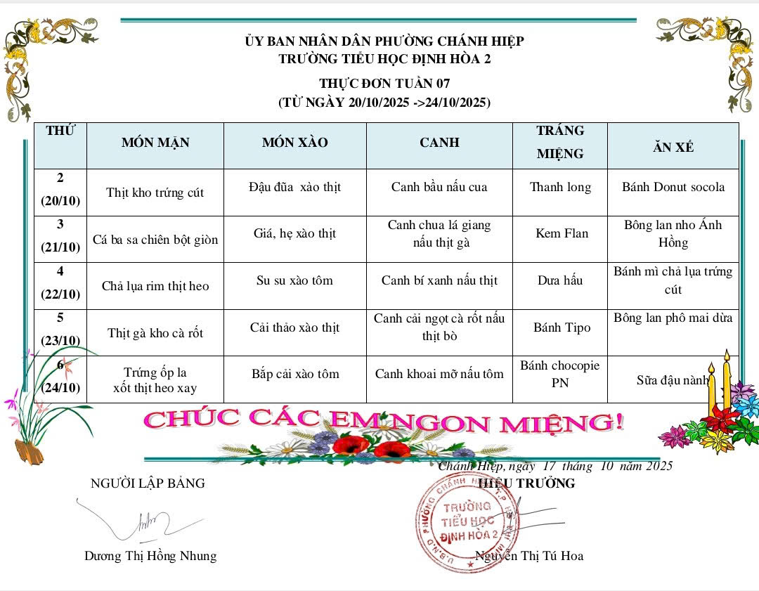 Thực đơn bán trú tuần 7