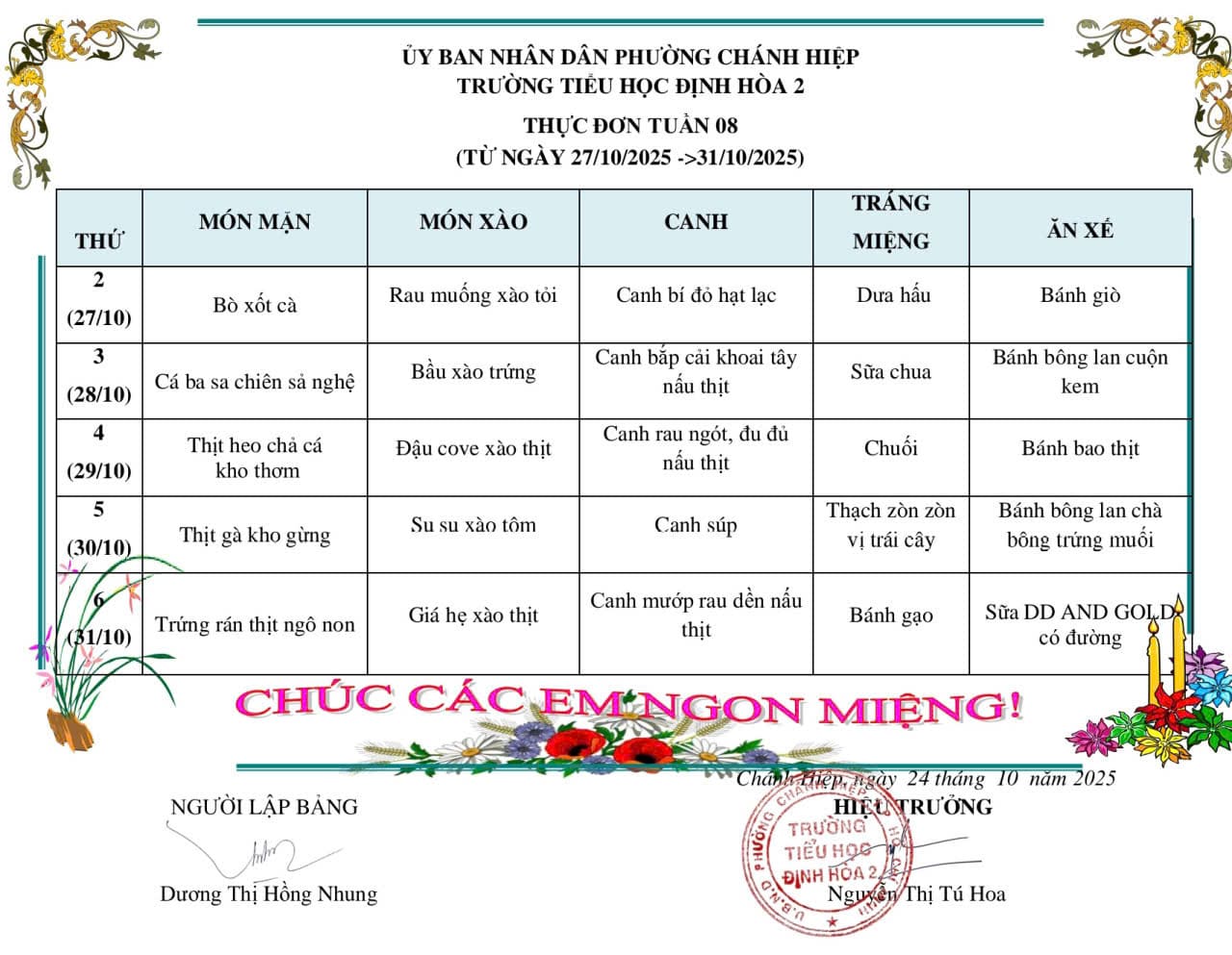 Thực đơn tuần 8