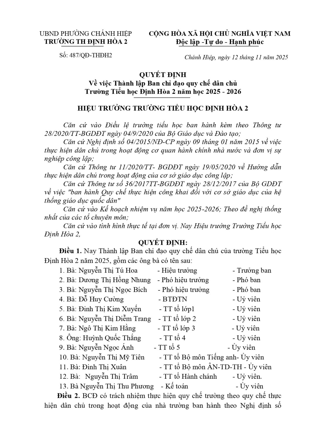 QUYẾT ĐỊNH VỀ VIỆC THÀNH LẬP BAN CHỈ ĐẠO QUY CHẾ DÂN CHỦ