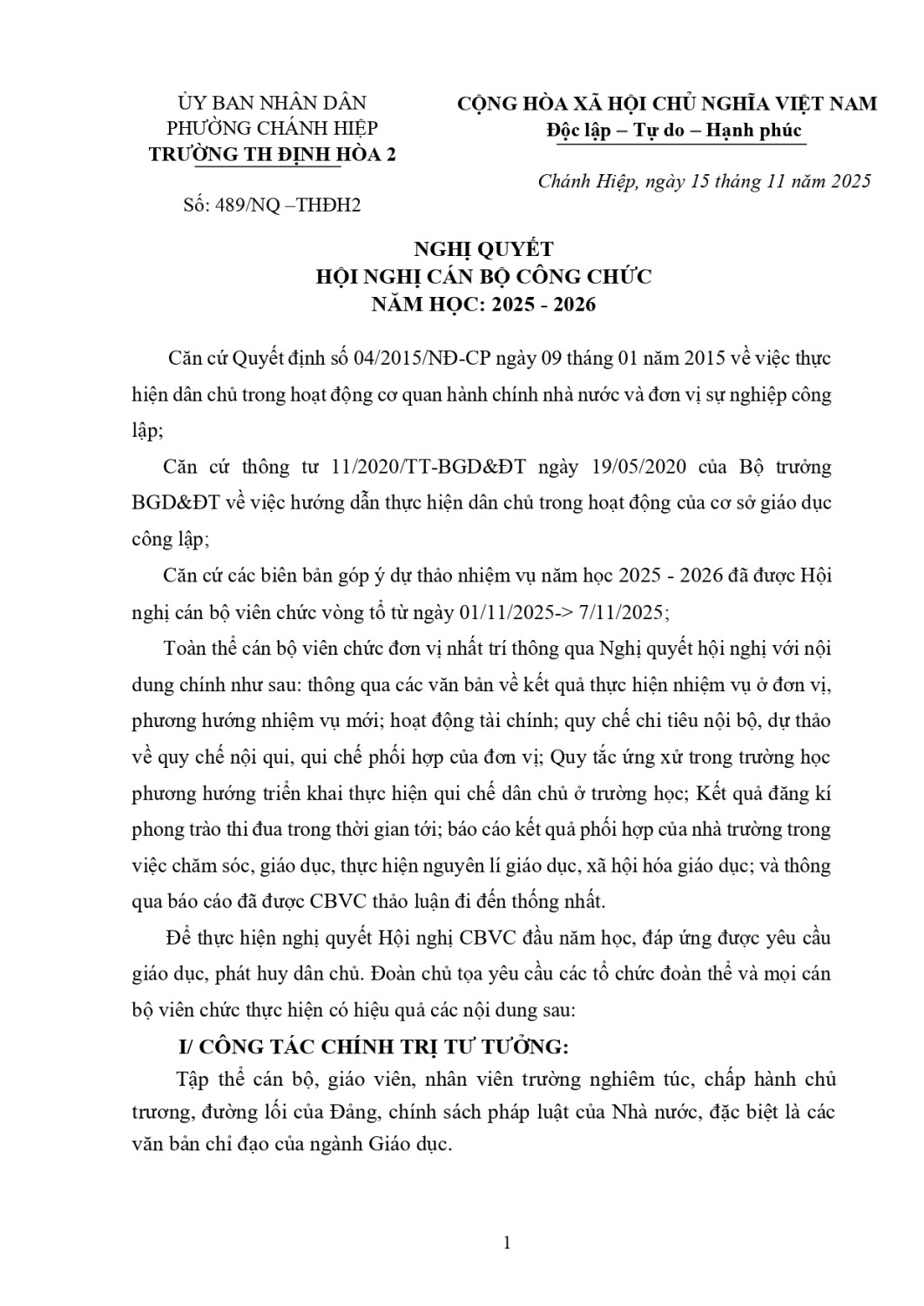 NGHỊ QUYẾT HỘI NGHỊ CÁN BỘ CÔNG CHỨC NĂM HỌC 2025 - 2026