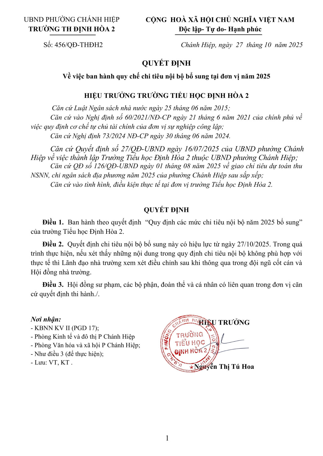 QUYẾT ĐỊNH VỀ VIỆC BAN HÀNH QUY CHẾ CHI TIÊU NỘI BỘ NĂM 2025