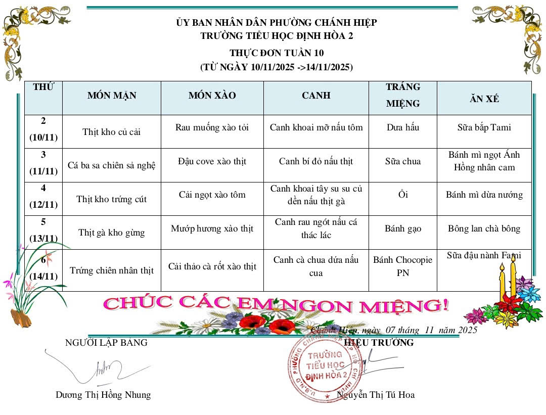 Thực đơn tuần 10