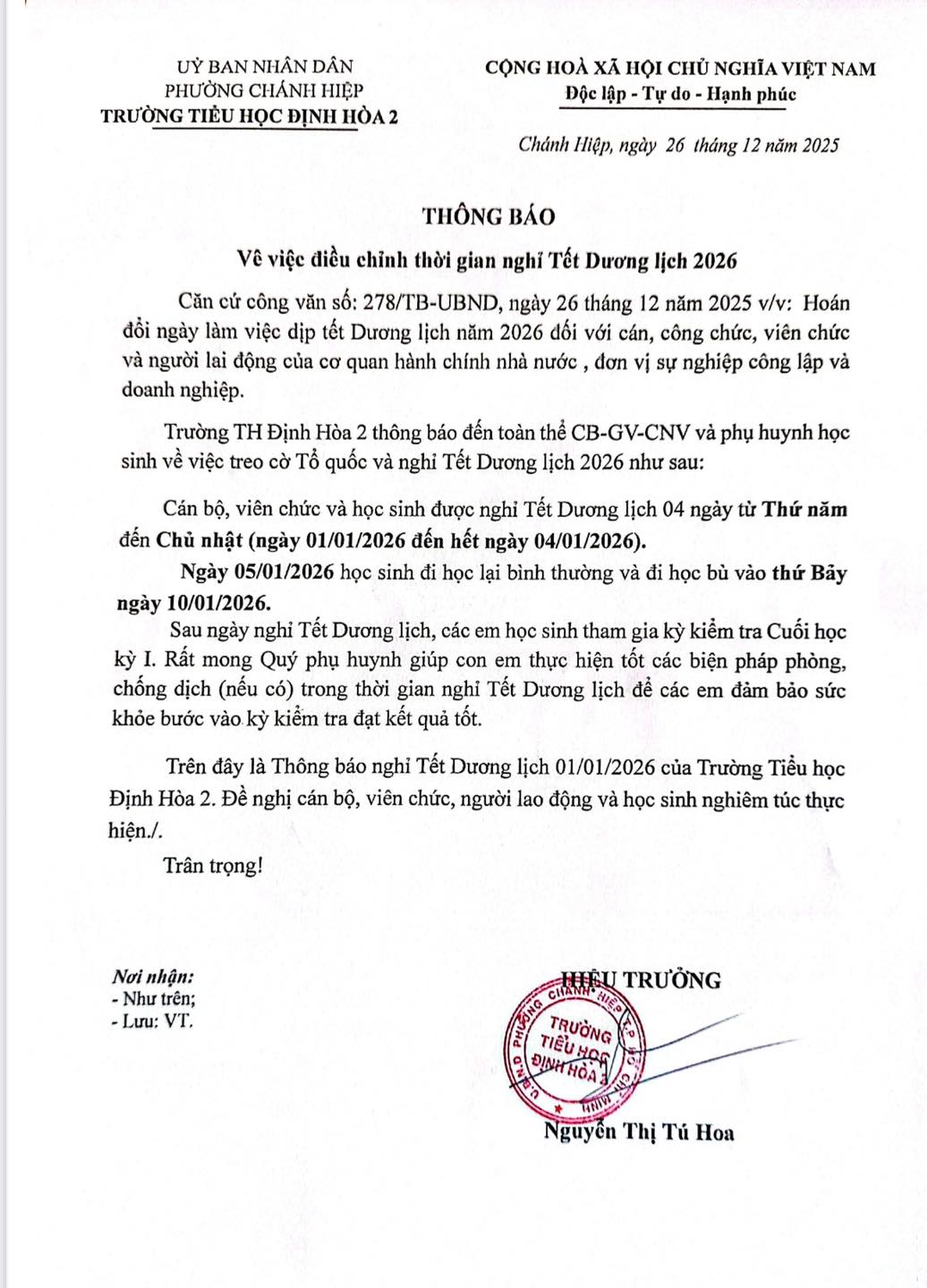 THÔNG BÁO ĐIỀU CHỈNH THỜI GIAN NGHỈ TẾT DƯƠNG LỊCH 2026