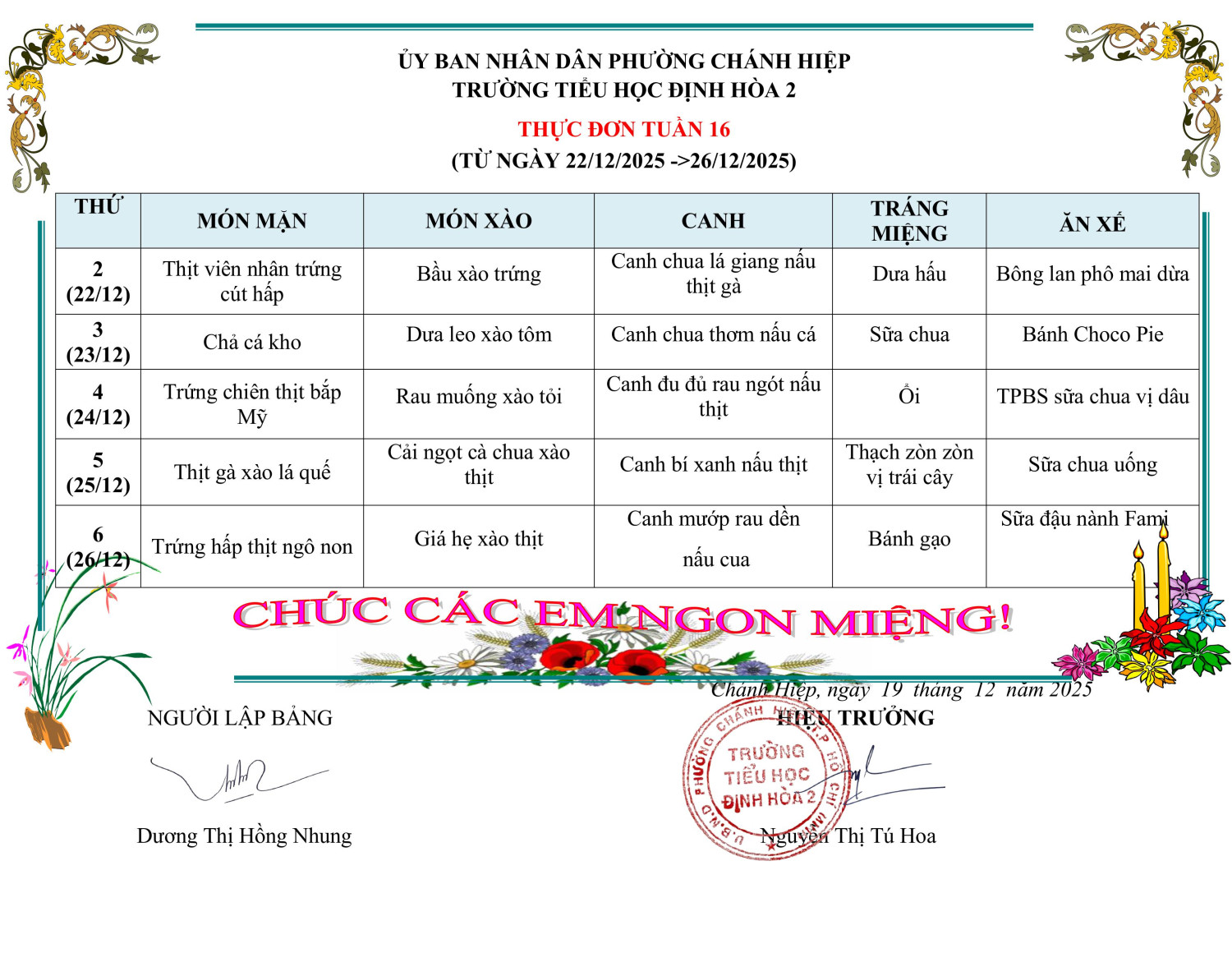 THỰC ĐƠN TUẦN 16