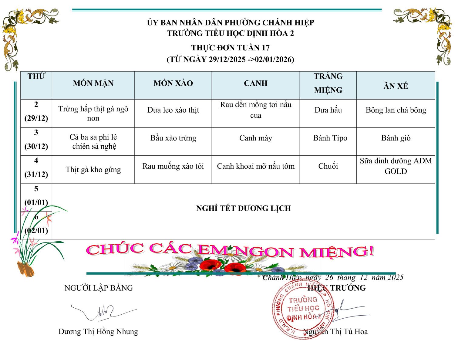 THỰC ĐƠN TUẦN 17