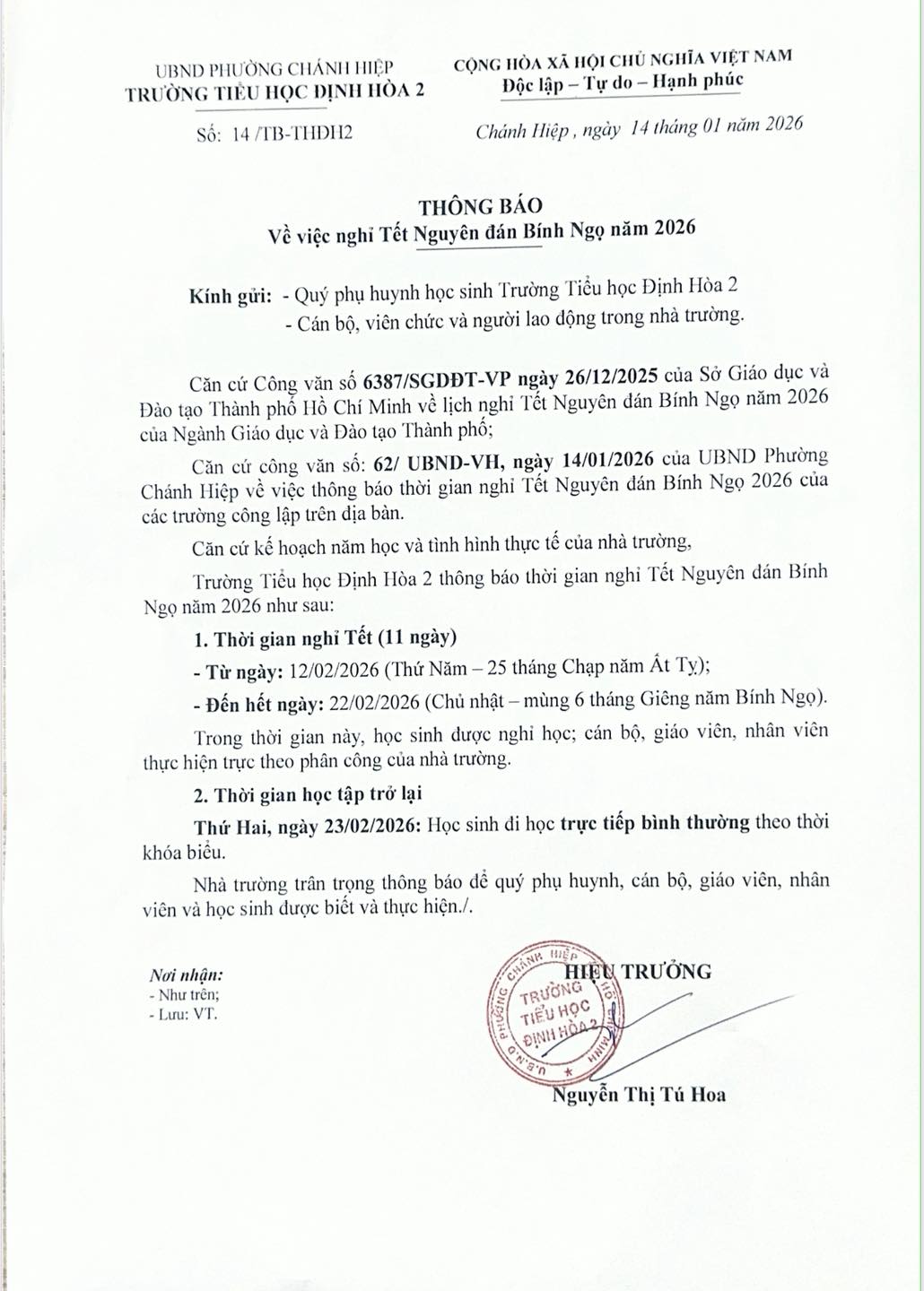 Thông báo nghỉ Tết Nguyên  đán  Bính Ngọ năm 2026