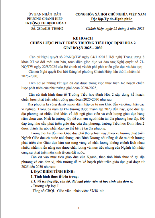 KẾ HOẠCH CHIẾN LƯỢC PHÁT TRIỂN TRƯỜNG TIỂU HỌC ĐỊNH HOÀ 2