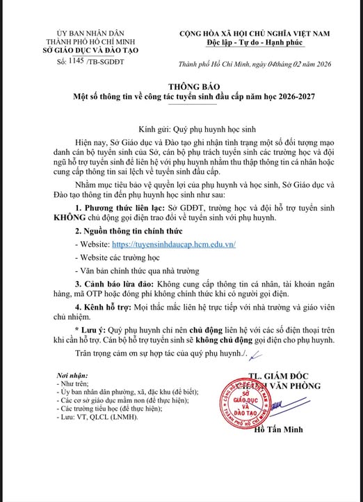 Tuyển sinh đầu cấp năm học 2026-2027