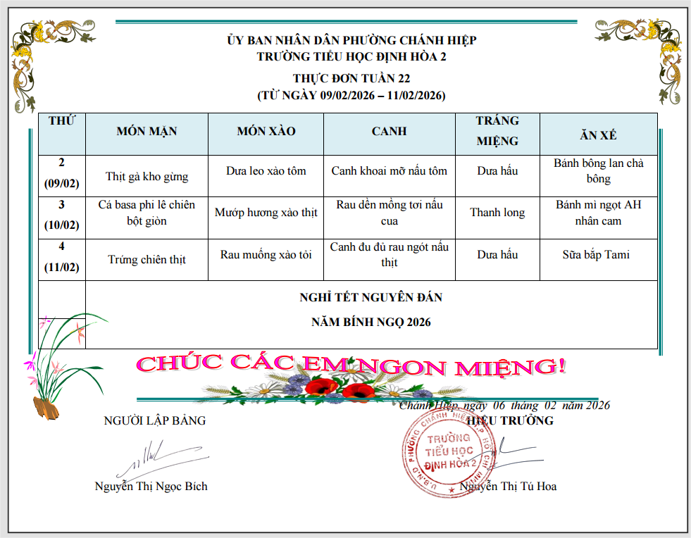 Thực đơn tuần 22