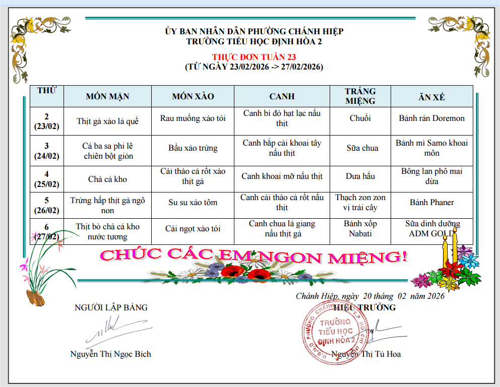 Thực đơn tuần 23