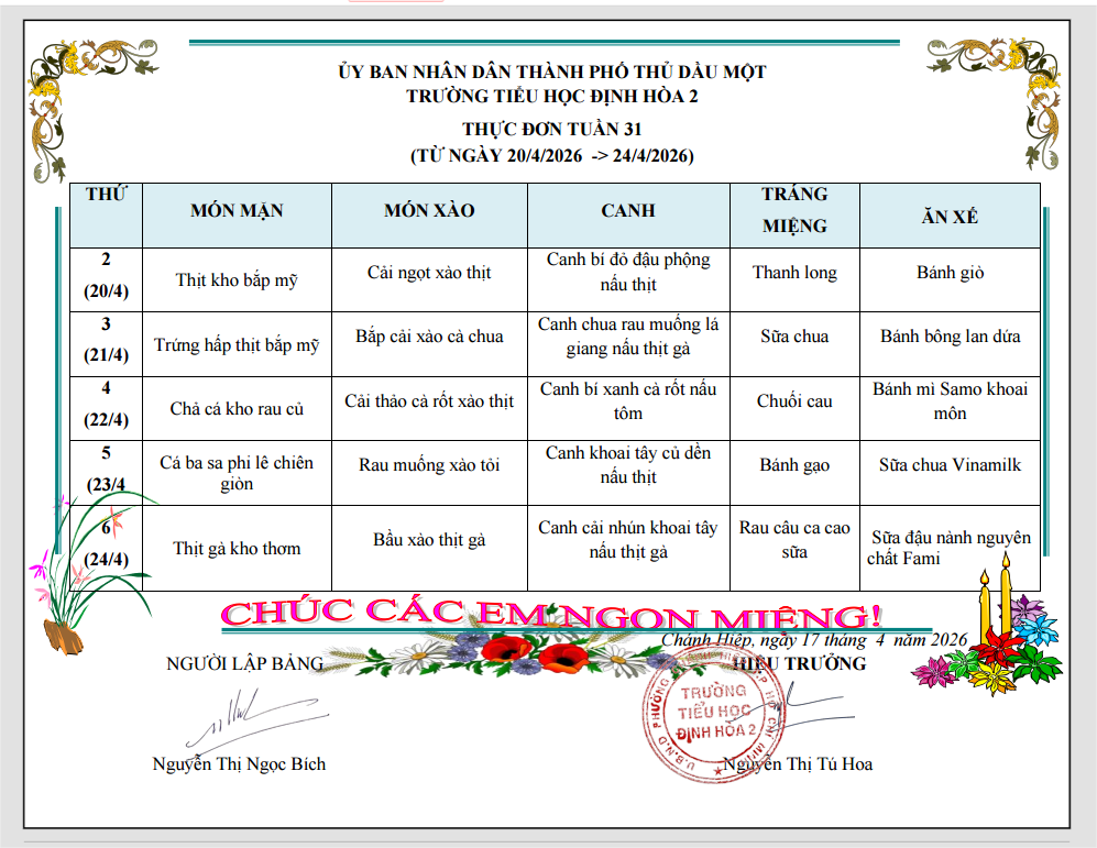 Thực đơn tuần 31