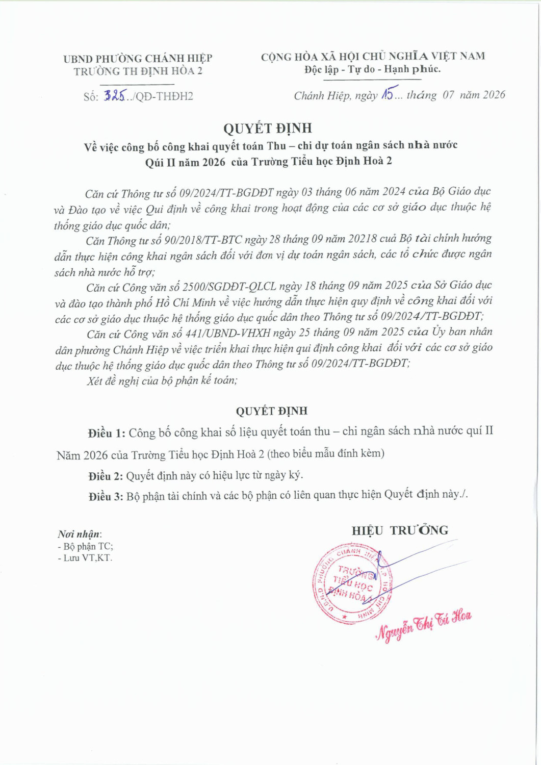 Công khai quyết toán thu _ chi quý II năm 2026