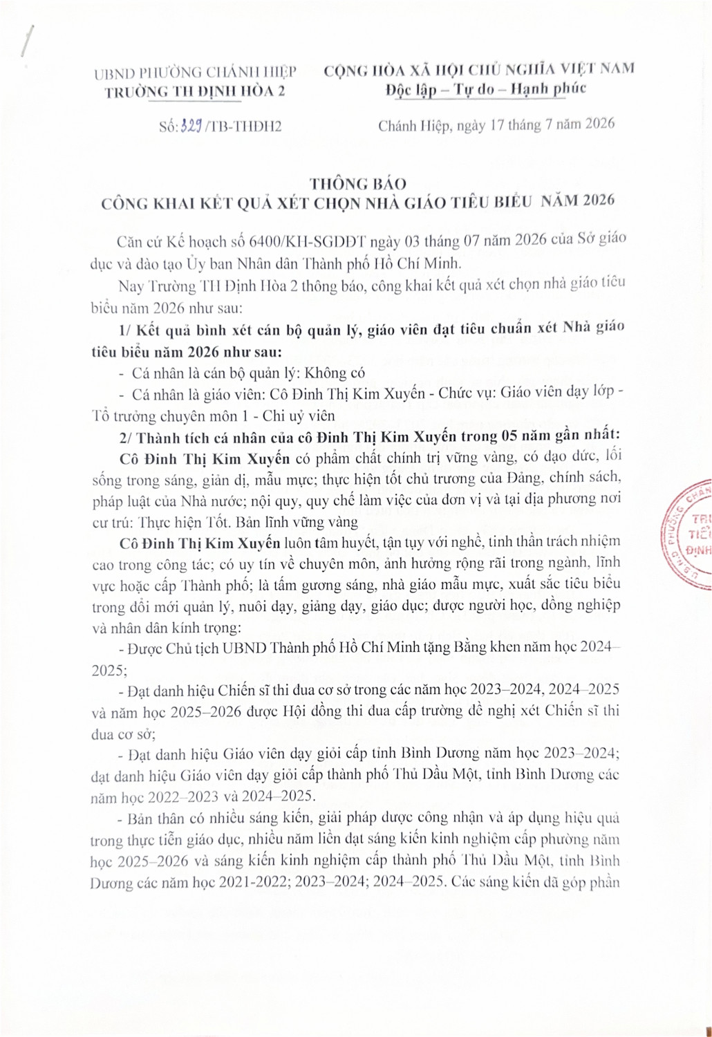 CÔNG KHAI KẾT QUẢ XÉT CHỌN GIÁO VIÊN TIÊU BIỂU NĂM 2026