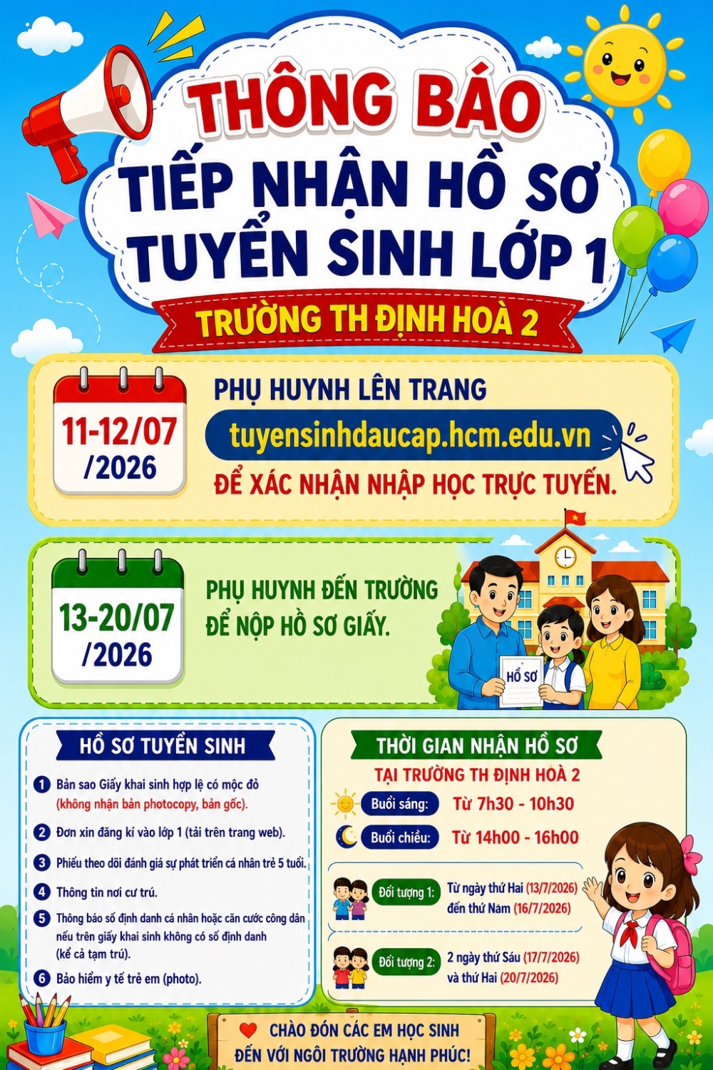 Thông báo tiếp nhận hồ sơ tuyển sinh lớp 1 năm học 2026–2027