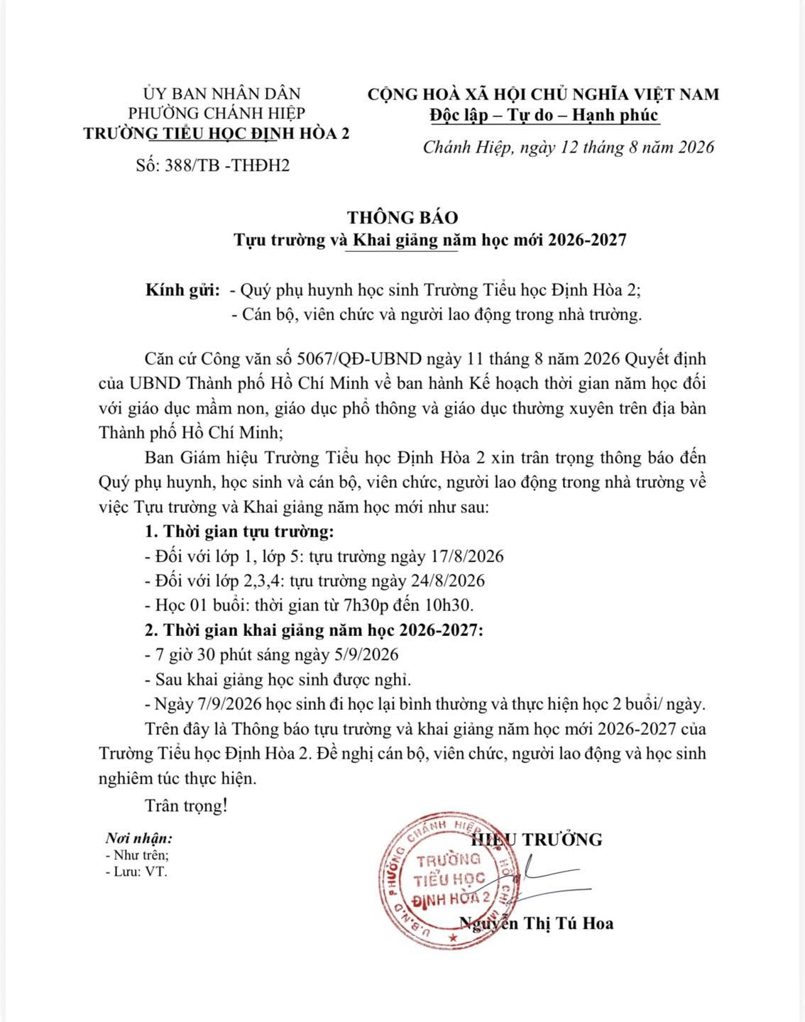 THÔNG BÁO TỰU TRƯỜNG VÀ KHAI GIẢNG NĂM HỌC 2026–2027