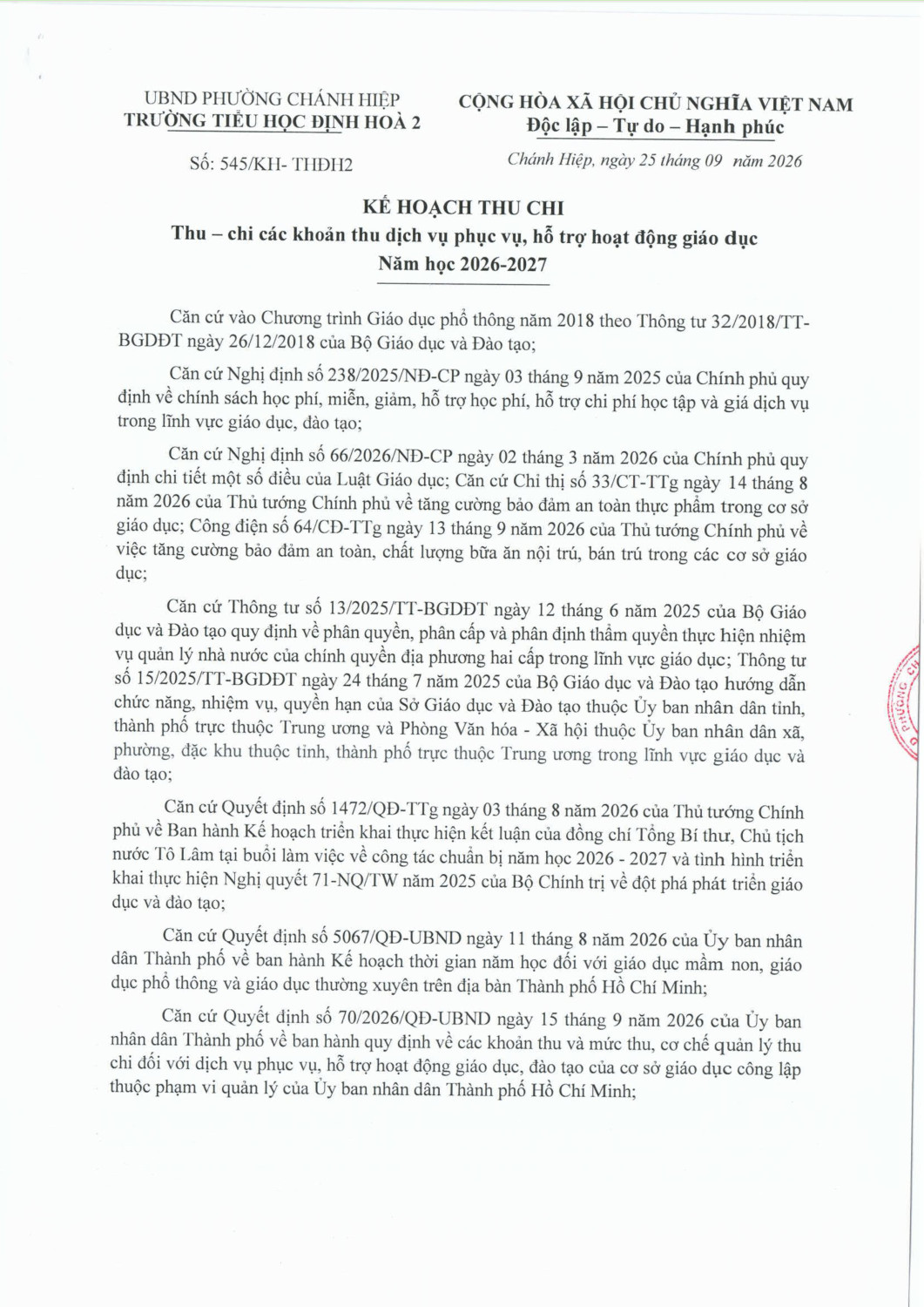 KẾ HOẠCH THU CHI NĂM HỌC 2026-2027