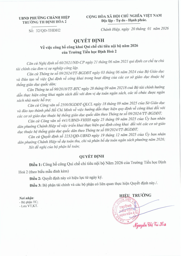 Công bố Quy chế chi tiêu nội bộ năm 2026 của Trường TH Định Hòa 2