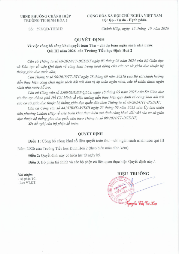 CÔNG KHAI QUYẾT TOÁN THU - CHI QUÝ III NĂM 2026
