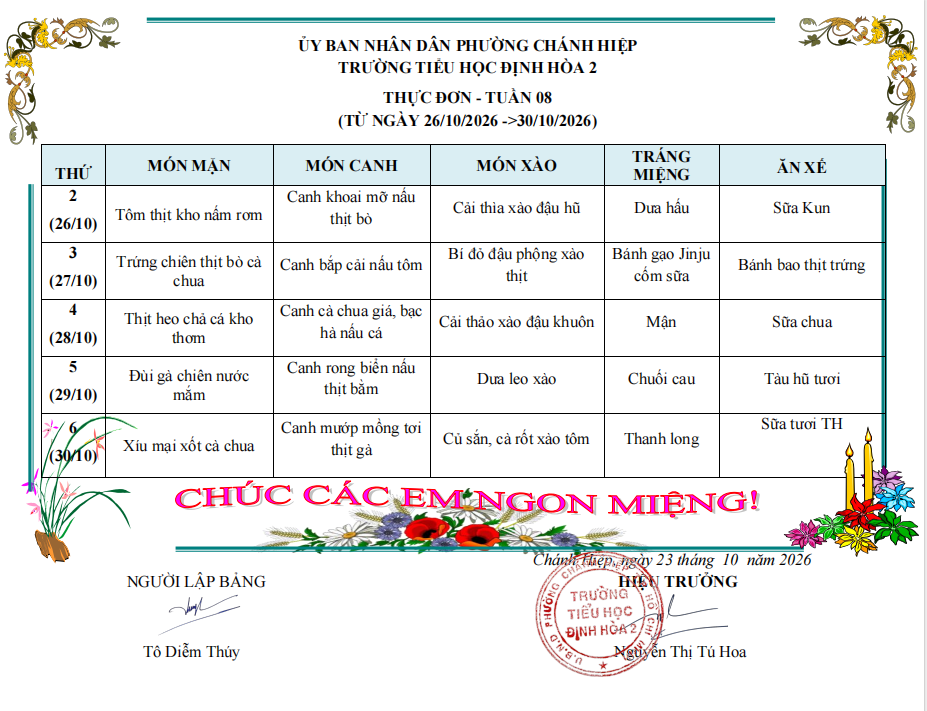 Thực đơn bán trú tuần 8