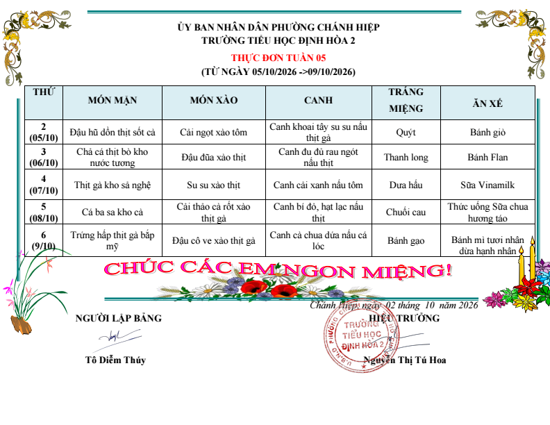 🍽️ THỰC ĐƠN BÁN TRÚ – TUẦN 5