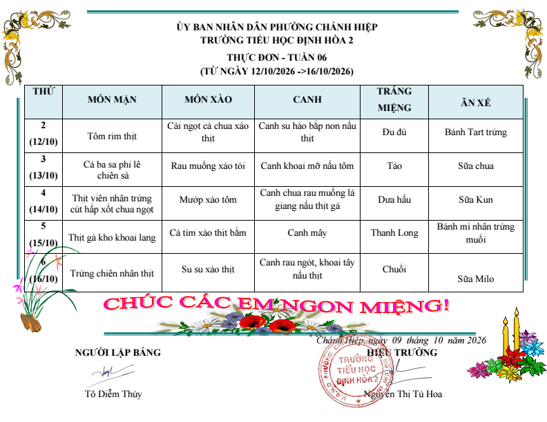 🍽️ THỰC ĐƠN BÁN TRÚ TUẦN 6 🍽️