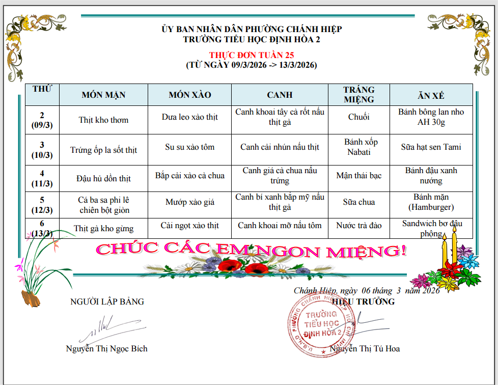 THỰC ĐƠN TUẦN 25