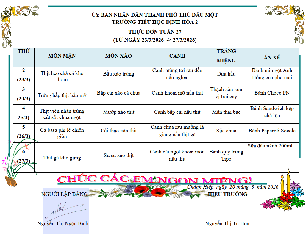 Thực đơn tuần 27