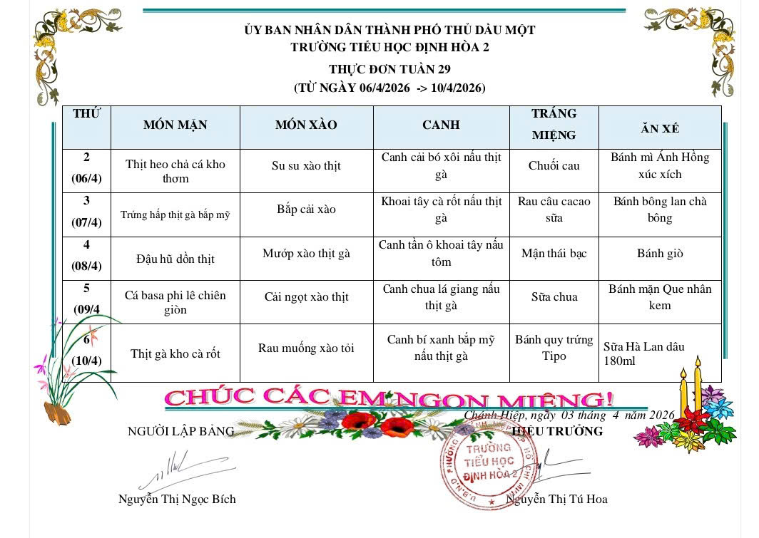 Thực đơn tuần 29