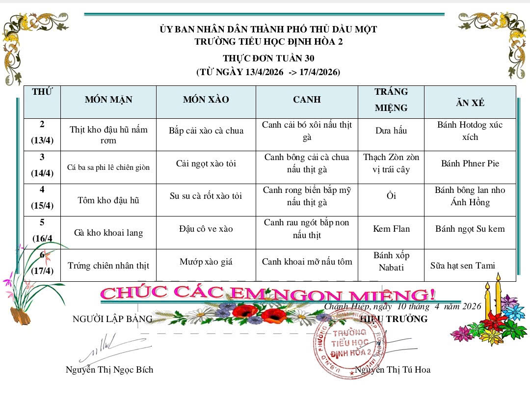 Thực đơn tuần 30