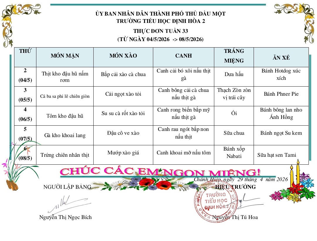 Thực đơn tuần 33