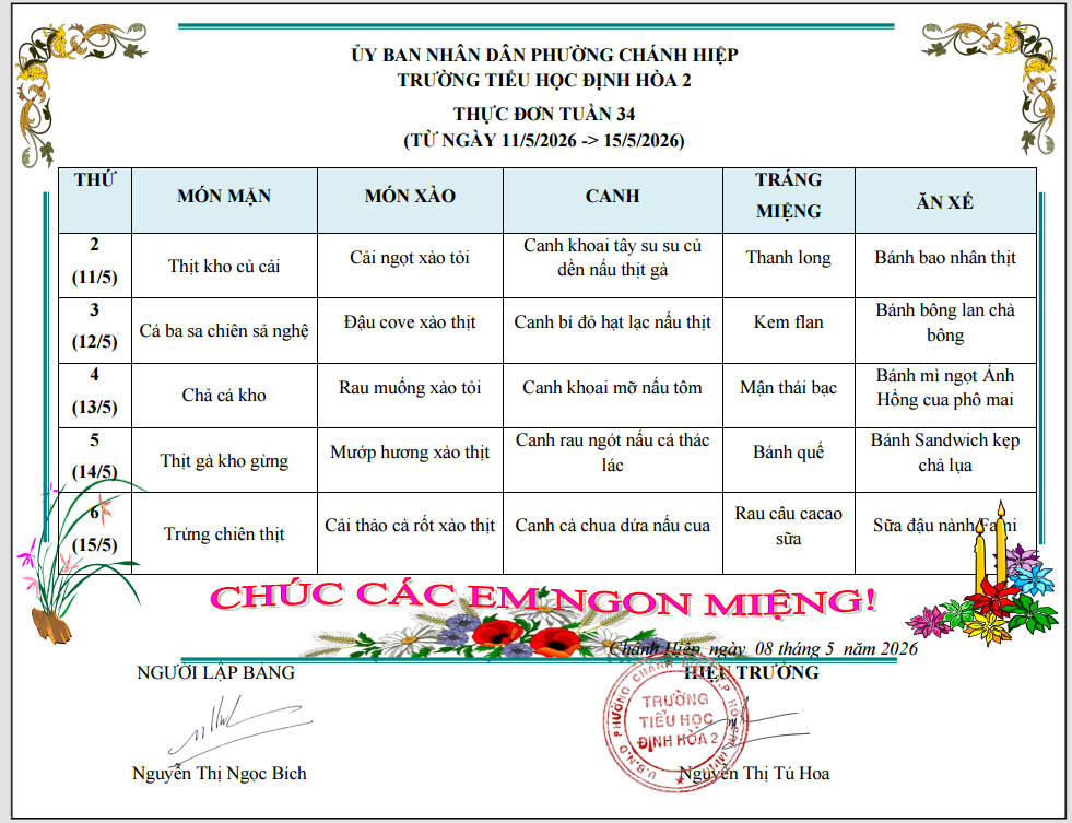 Thực đơn tuần 34