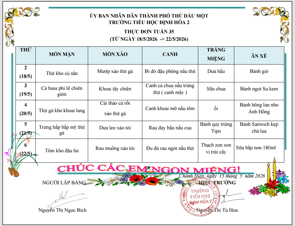 Thực đơn tuần 35