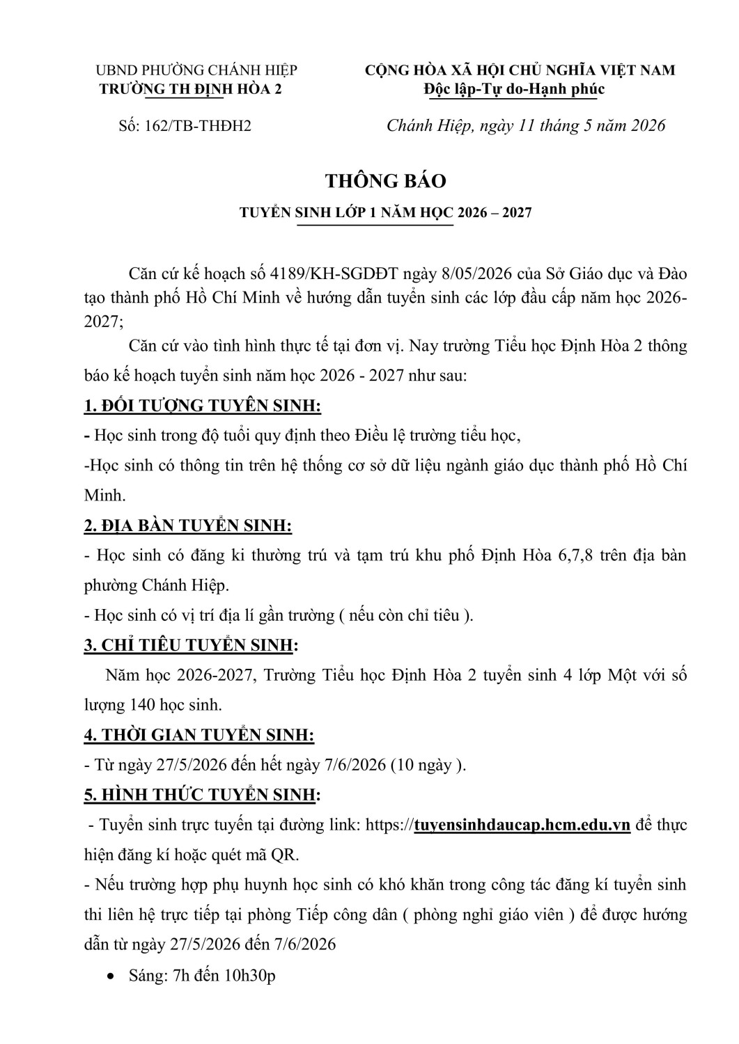 THÔNG BÁO TUYỂN SINH LỚP 1 NĂM HỌC 2026 – 2027