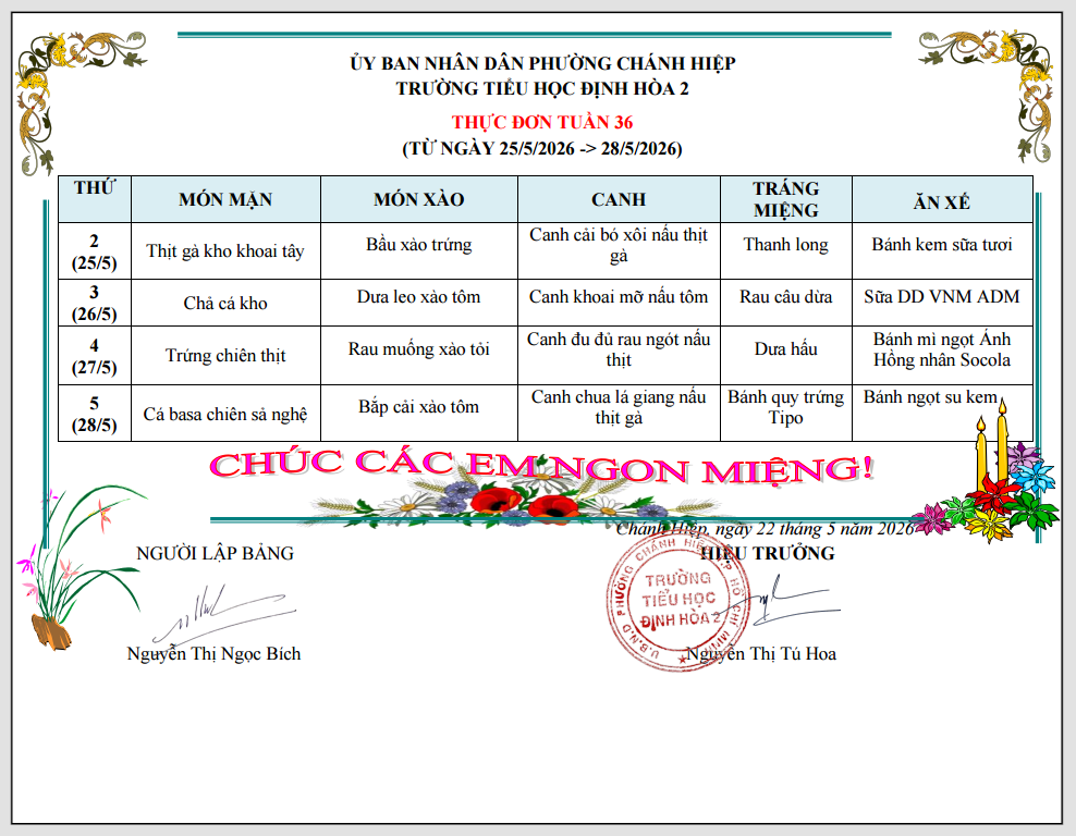 Thực đơn tuần 36